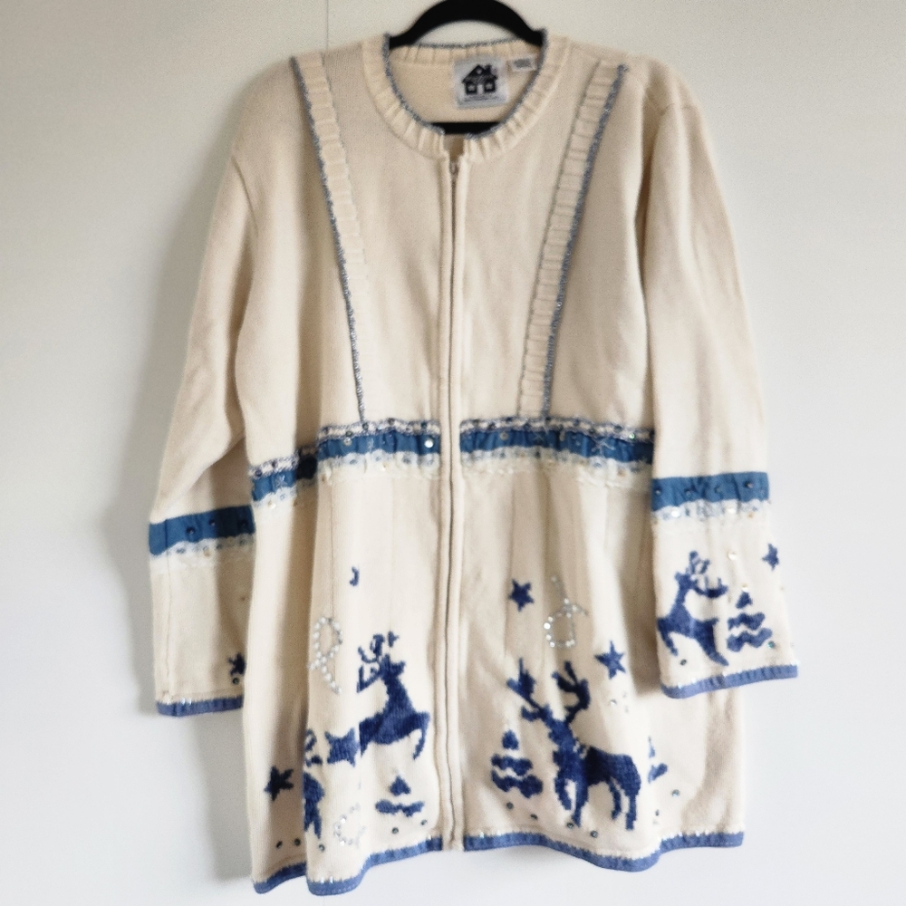Storybook Knits Reindeer Zip Sweater Christmas Cottagecore Beaded 2X Vintage